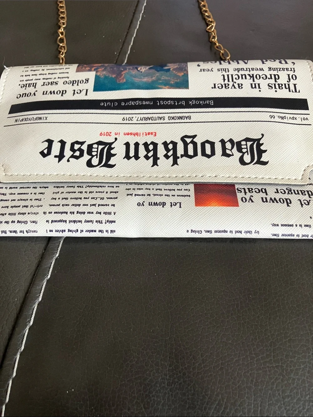 Newspaper Print White Clutch with Gold Chain Strap
